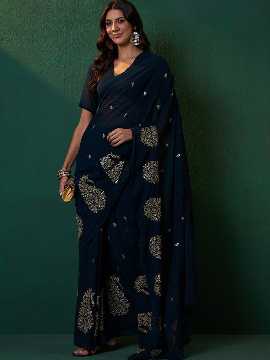 Navy Blue Paisley Embroidered Sequined Zari Saree