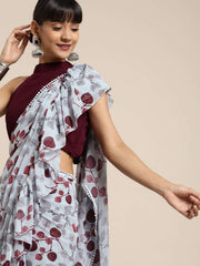 Grey & Burgundy Poly Georgette Printed Ruffled Saree