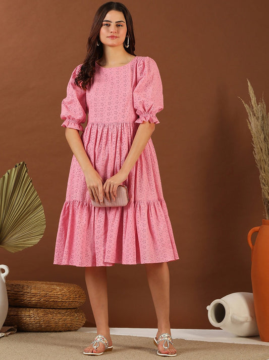 Pink Chikankari Embroidered Tiered Cotton Fit and Flare Midi Ethnic Dress