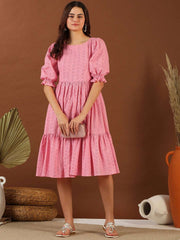 Pink Chikankari Embroidered Tiered Cotton Fit and Flare Midi Ethnic Dress