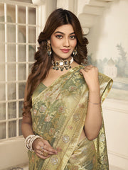 Gold-Toned And Green Woven Design Zari Saree