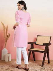Pink & White Floral Embroidered Thread Work Pure Cotton Straight Kurta & Trouser