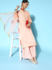 Women Peach Solid Chanderi Cotton Ethereal Embroidery Kurta Set