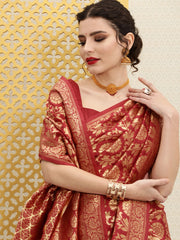 Maroon & Golden Ethnic Woven Design Zari Jashn Banarasi Saree