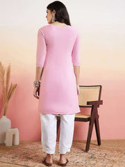 Pink & White Floral Embroidered Straight Kurta & Dhoti Pant