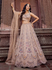 Beige Net Fabric Sequins embroidery Semi Stitched Lehenga & Unstitched Blouse With Dupatta