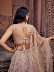 Beige Net Fabric Sequins embroidery Semi Stitched Lehenga & Unstitched Blouse With Dupatta