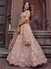 Beige Net Fabric Sequins embroidery Semi Stitched Lehenga & Unstitched Blouse With Dupatta