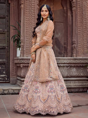 Beige Net Fabric Sequins embroidery Semi Stitched Lehenga & Unstitched Blouse With Dupatta