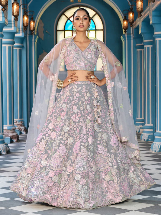Grey Net Fabric Sequins embroidery Semi Stitched Lehenga & Unstitched Blouse With Dupatta