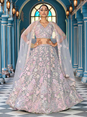 Grey Net Fabric Sequins embroidery Semi Stitched Lehenga & Unstitched Blouse With Dupatta