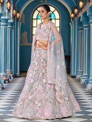 Grey Net Fabric Sequins embroidery Semi Stitched Lehenga & Unstitched Blouse With Dupatta