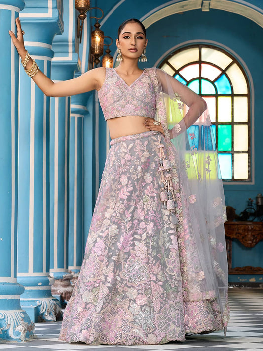 Grey Net Fabric Sequins embroidery Semi Stitched Lehenga & Unstitched Blouse With Dupatta