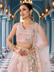 Cream Net Fabric Sequins embroidery Semi Stitched Lehenga & Unstitched Blouse With Dupatta