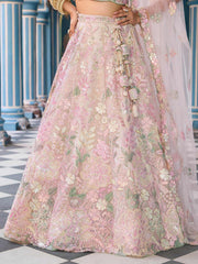 Cream Net Fabric Sequins embroidery Semi Stitched Lehenga & Unstitched Blouse With Dupatta