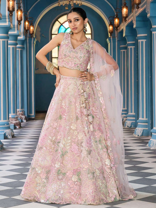 Cream Net Fabric Sequins embroidery Semi Stitched Lehenga & Unstitched Blouse With Dupatta