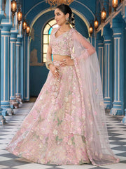 Cream Net Fabric Sequins embroidery Semi Stitched Lehenga & Unstitched Blouse With Dupatta