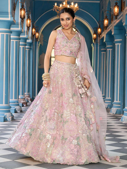 Cream Net Fabric Sequins embroidery Semi Stitched Lehenga & Unstitched Blouse With Dupatta