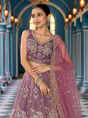 Lavender Net Fabric Sequins embroidery Semi Stitched Lehenga & Unstitched Blouse With Dupatta