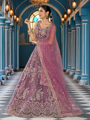Lavender Net Fabric Sequins embroidery Semi Stitched Lehenga & Unstitched Blouse With Dupatta