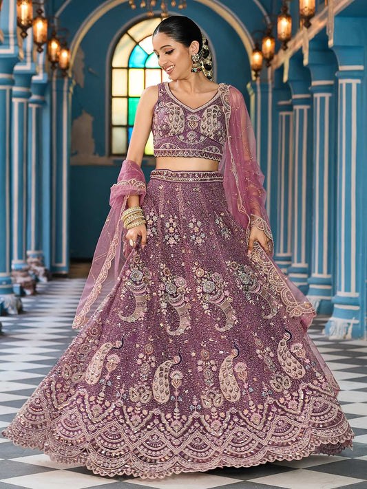 Lavender Net Fabric Sequins embroidery Semi Stitched Lehenga & Unstitched Blouse With Dupatta