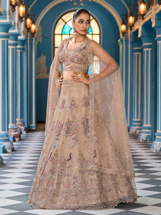 Beige Net Fabric Sequins embroidery Semi Stitched Lehenga & Unstitched Blouse With Dupatta