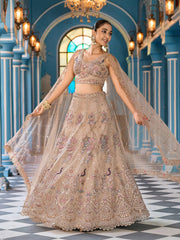 Beige Net Fabric Sequins embroidery Semi Stitched Lehenga & Unstitched Blouse With Dupatta