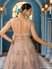 Beige Net Fabric Sequins embroidery Semi Stitched Lehenga & Unstitched Blouse With Dupatta