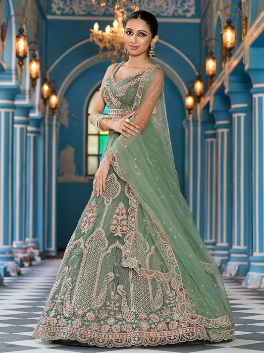 Green Net Fabric Sequins embroidery Semi Stitched Lehenga & Unstitched Blouse With Dupatta