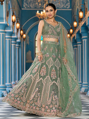 Green Net Fabric Sequins embroidery Semi Stitched Lehenga & Unstitched Blouse With Dupatta