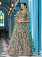 Green Net Fabric Sequins embroidery Semi Stitched Lehenga & Unstitched Blouse With Dupatta
