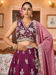Burgundy Silk Fabric Sequins embroidery Semi Stitched Lehenga & Unstitched Blouse With Dupatta