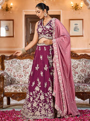 Burgundy Silk Fabric Sequins embroidery Semi Stitched Lehenga & Unstitched Blouse With Dupatta
