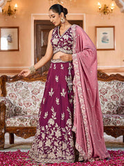 Burgundy Silk Fabric Sequins embroidery Semi Stitched Lehenga & Unstitched Blouse With Dupatta