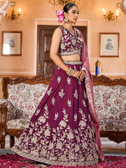 Burgundy Silk Fabric Sequins embroidery Semi Stitched Lehenga & Unstitched Blouse With Dupatta