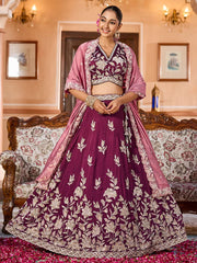 Burgundy Silk Fabric Sequins embroidery Semi Stitched Lehenga & Unstitched Blouse With Dupatta