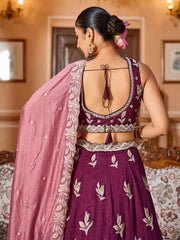 Burgundy Silk Fabric Sequins embroidery Semi Stitched Lehenga & Unstitched Blouse With Dupatta