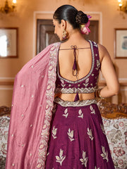 Burgundy Silk Fabric Sequins embroidery Semi Stitched Lehenga & Unstitched Blouse With Dupatta