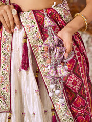 Cream Tissue Fabric Sequins embroidery Semi Stitched Lehenga & Unstitched Blouse With Maroon Color Dupatta