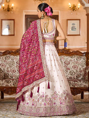 Cream Tissue Fabric Sequins embroidery Semi Stitched Lehenga & Unstitched Blouse With Maroon Color Dupatta