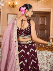 Brown Silk Fabric Sequins embroidery Semi Stitched Lehenga & Unstitched Blouse With Dupatta