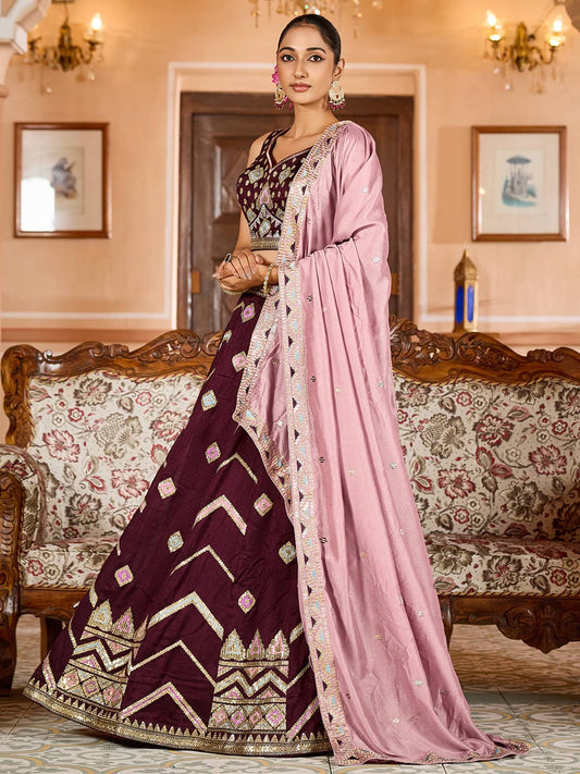 Brown Silk Fabric Sequins embroidery Semi Stitched Lehenga & Unstitched Blouse With Dupatta