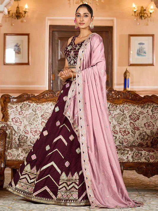 Brown Silk Fabric Sequins embroidery Semi Stitched Lehenga & Unstitched Blouse With Dupatta