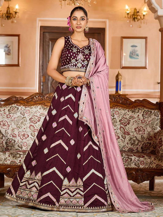 Brown Silk Fabric Sequins embroidery Semi Stitched Lehenga & Unstitched Blouse With Dupatta