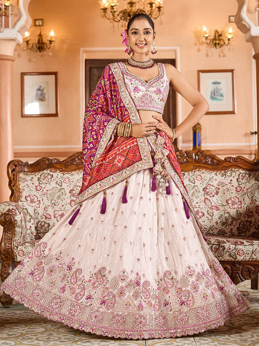 Cream Tissue Fabric Sequins embroidery Semi Stitched Lehenga & Unstitched Blouse With Burgundy Color Dupatta