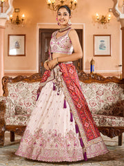 Cream Tissue Fabric Sequins embroidery Semi Stitched Lehenga & Unstitched Blouse With Burgundy Color Dupatta