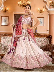 Cream Tissue Fabric Sequins embroidery Semi Stitched Lehenga & Unstitched Blouse With Burgundy Color Dupatta