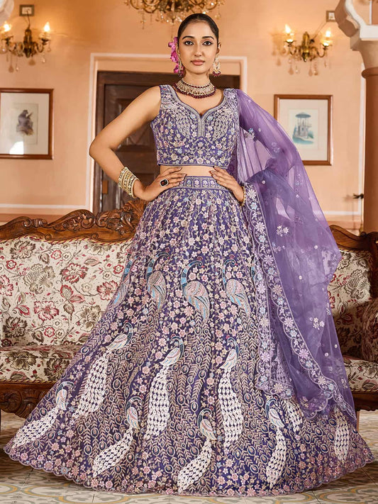 Purple Net Fabric Sequins embroidery Semi Stitched Lehenga & Unstitched Blouse With Dupatta