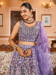 Purple Net Fabric Sequins embroidery Semi Stitched Lehenga & Unstitched Blouse With Dupatta