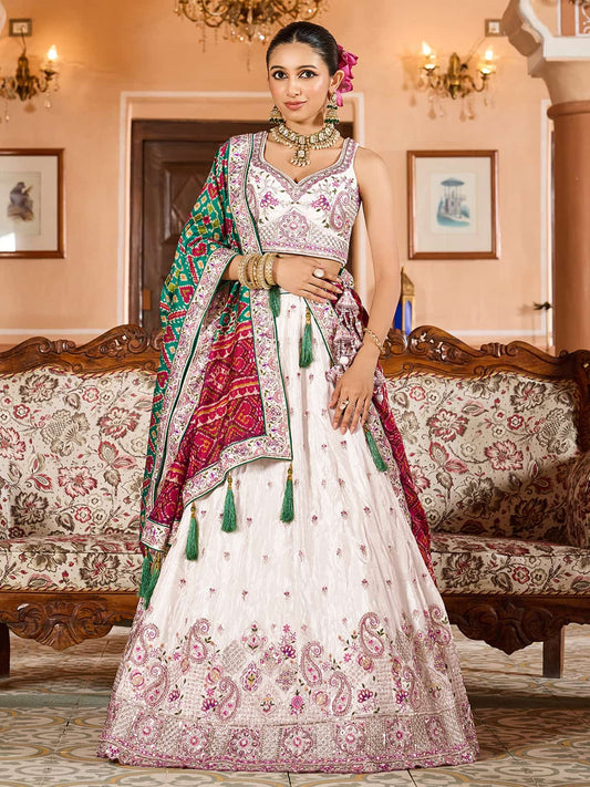Cream Tissue Fabric Sequins embroidery Semi Stitched Lehenga & Unstitched Blouse With Green Color Dupatta